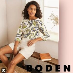 Boden Laurie Linen Paisley Boho Bell Sleeve Women’s Blouse Coastal Chic Size 2